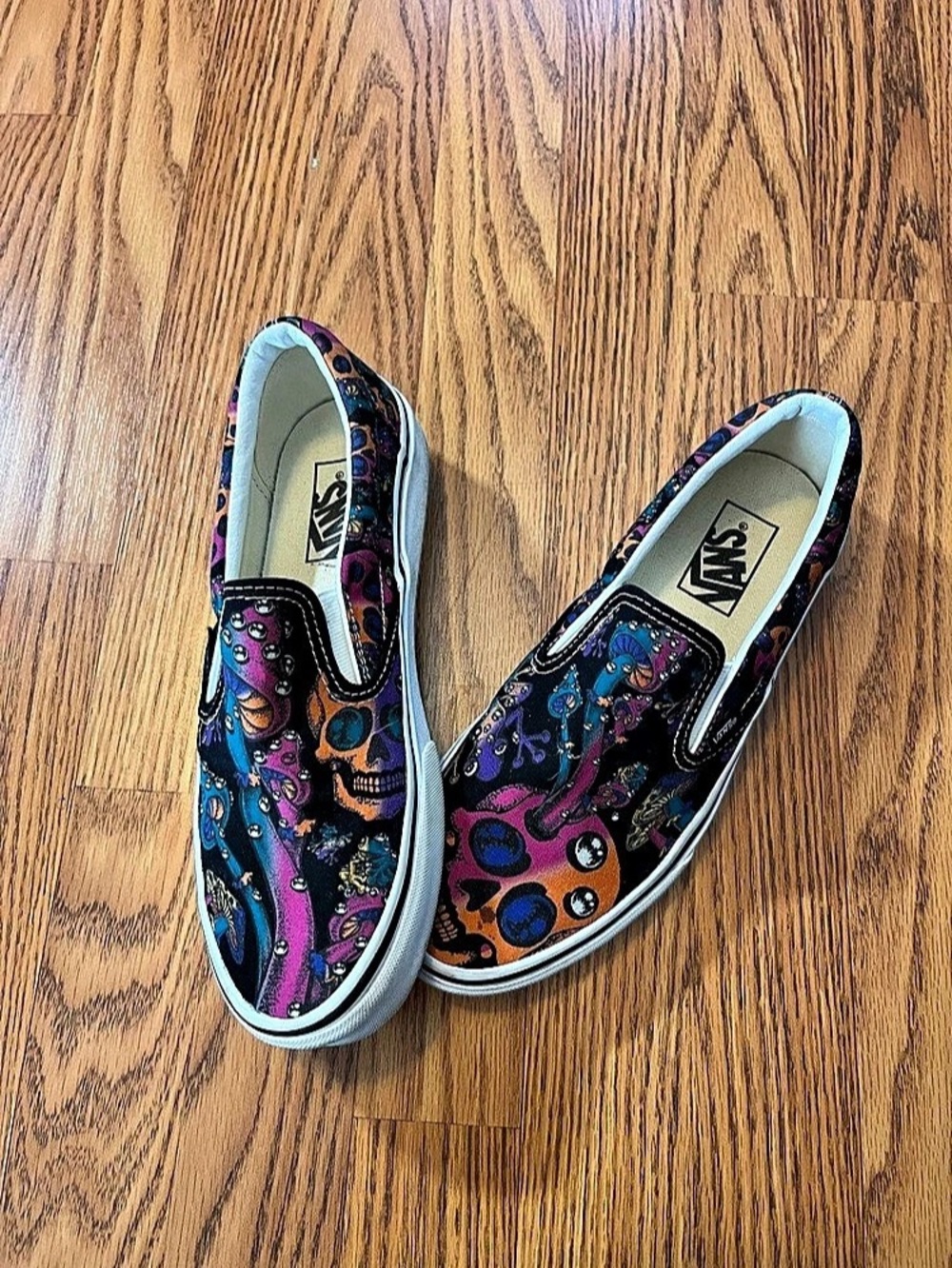 VANS Classic Slip-on Trippy Drip Black Multi Mushroom Skull Shoes M 7.5 W 9